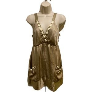 Hale Bob Mini Short Dress Metallic Gold w Pockets  Prom/Wedding/Cocktail V Neck